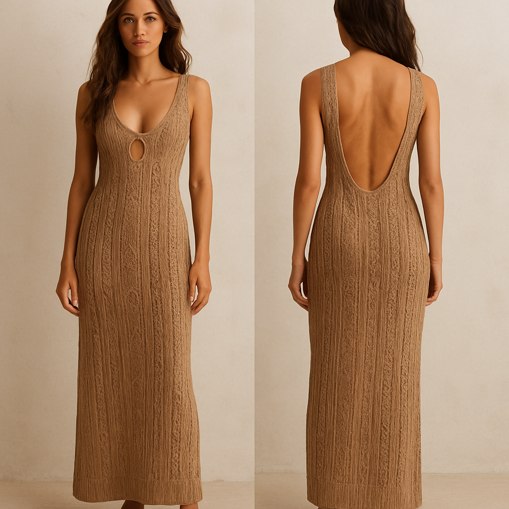 Длинное вязаное  облегающее летнее платье. С вырезом на груди и вырезом на спине до попы. Темно бежевого цвета


Длинное вязаное  облегающее летнее платье. С вырезом на груди и вырезом на спине до попы. Темно бежевого цвета
, bohemian style, show front and back