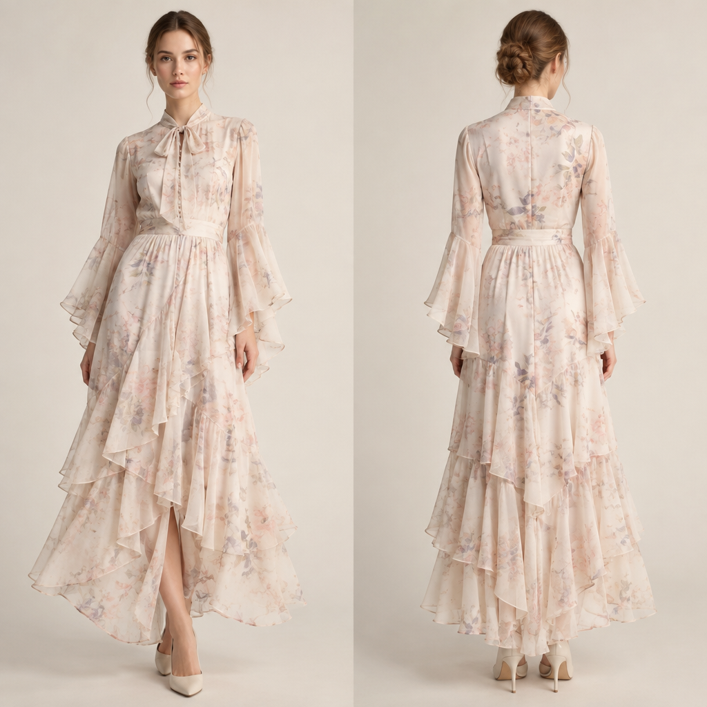 A Female Dress design, made of Silk, with a light, flowing drape, with a Tailored silhouette, styled in layers, in a Pastels color palette, for Casual, suitable for Fall, suited to a Temperate climate, in Minimalist + Preppy + Runway style, shown on a model with light skin and a slim figure. نقشات فاتحه اللون و أكمام زبع كم Present it as professional fashion catalogue photography: the garment is the subject, shown full-length with editorial styling, neutral posing and tasteful, non-suggestive framing.
photorealistic fashion design, A Female Dress design, made of Silk, with a light, flowing drape, with a Tailored silhouette, styled in layers, in a Pastels color palette, for Casual, suitable for Fall, suited to a Temperate climate, in Minimalist + Preppy + Runway style, shown on a model with light skin and a slim figure. نقشات فاتحه اللون و أكمام زبع كم Present it as professional fashion catalogue photography: the garment is the subject, shown full-length with editorial styling, neutral posing and tasteful, non-suggestive framing., minimalist style, just the design no text, show front and back