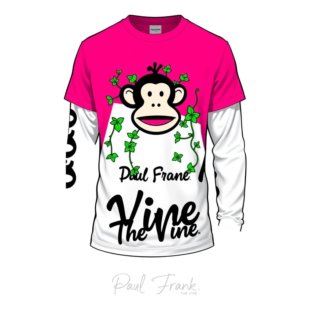 Do a collab with my brand “Da’Vine” or “DV” and “Paul frank” with the monkey symbol. Create a shirt with another long sleeve shirt under it. and create a design for the collab on it! Make it pink and white . I want it to say “Paul frank” “The Vine”… have some vines around the monkey
Design a striking streetwear shirt for the “Da’Vine” and “Paul Frank” collaboration, featuring a bold pink and white color scheme. Layer a graphic long sleeve beneath a short-sleeved tee. Incorporate the iconic monkey symbol adorned with playful vines, and stylishly include “Paul Frank” and “The Vine” in urban-inspired typography.