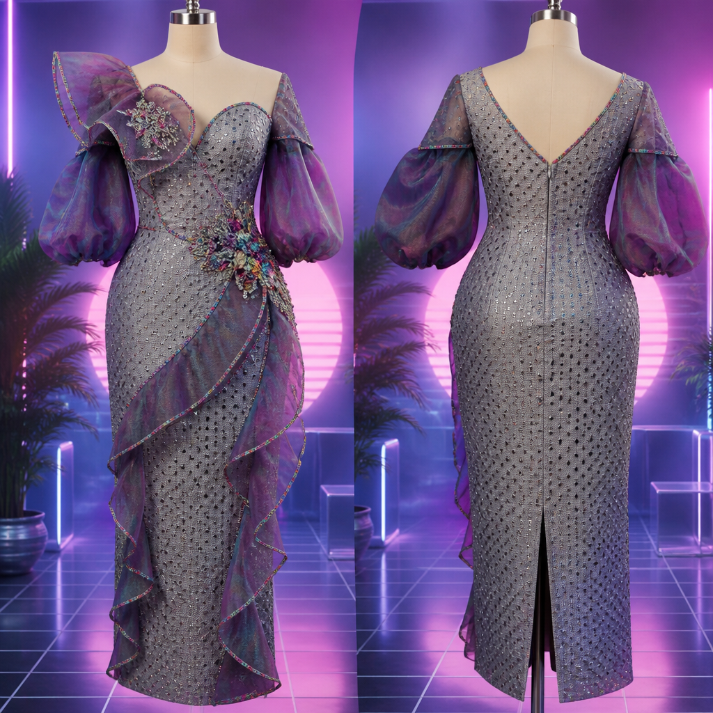 PROMPT
A photorealistic dinner dress for a 50 year old woman to attend a birthday party made from colorful beautiful silver gray aso oke with small holes on it and a touch of colorful organza fabric with beautiful trims that will look gorgeous and fabulous.
photorealistic fashion design, PROMPT
A photorealistic dinner dress for a 50 year old woman to attend a birthday party made from colorful beautiful silver gray aso oke with small holes on it and a touch of colorful organza fabric with beautiful trims that will look gorgeous and fabulous.
, vaporwave style, just the design no text, show front and back