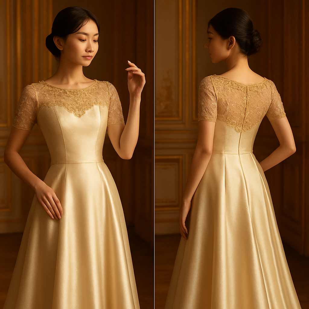 A royal-inspired elegant gown with a slim, graceful Korean-style silhouette. The dress has a tight, fitted waist and a flowing, floor-length skirt made of satin or silk. The shoulders are beautifully covered with delicate lace or sheer fabric, giving a modest yet refined look. Add pearl or gold embroidery around the neckline and sleeves for a royal touch. The model poses elegantly — one hand resting on the waist, the other softly raised in the air — showing confidence, elegance, and poise. Lighting should feel warm and luxurious, like a royal portrait taken in a French palace.
A royal-inspired elegant gown with a slim, graceful Korean-style silhouette. The dress has a tight, fitted waist and a flowing, floor-length skirt made of satin or silk. The shoulders are beautifully covered with delicate lace or sheer fabric, giving a modest yet refined look. Add pearl or gold embroidery around the neckline and sleeves for a royal touch. The model poses elegantly — one hand resting on the waist, the other softly raised in the air — showing confidence, elegance, and poise. Lighting should feel warm and luxurious, like a royal portrait taken in a French palace.
, elegant style, show front and back