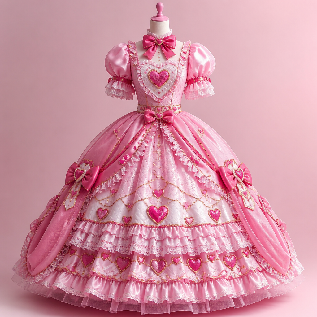 A Female Dress design, in Barbiecore + Kawaii + Princesscore style. a cute elegant kawaii Lolita barbie princess dress with lots of hearts on it.. Design with modest coverage.
photorealistic fashion design, A Female Dress design, in Barbiecore + Kawaii + Princesscore style. a cute elegant kawaii Lolita barbie princess dress with lots of hearts on it.. Design with modest coverage., barbiecore style, just the design no text