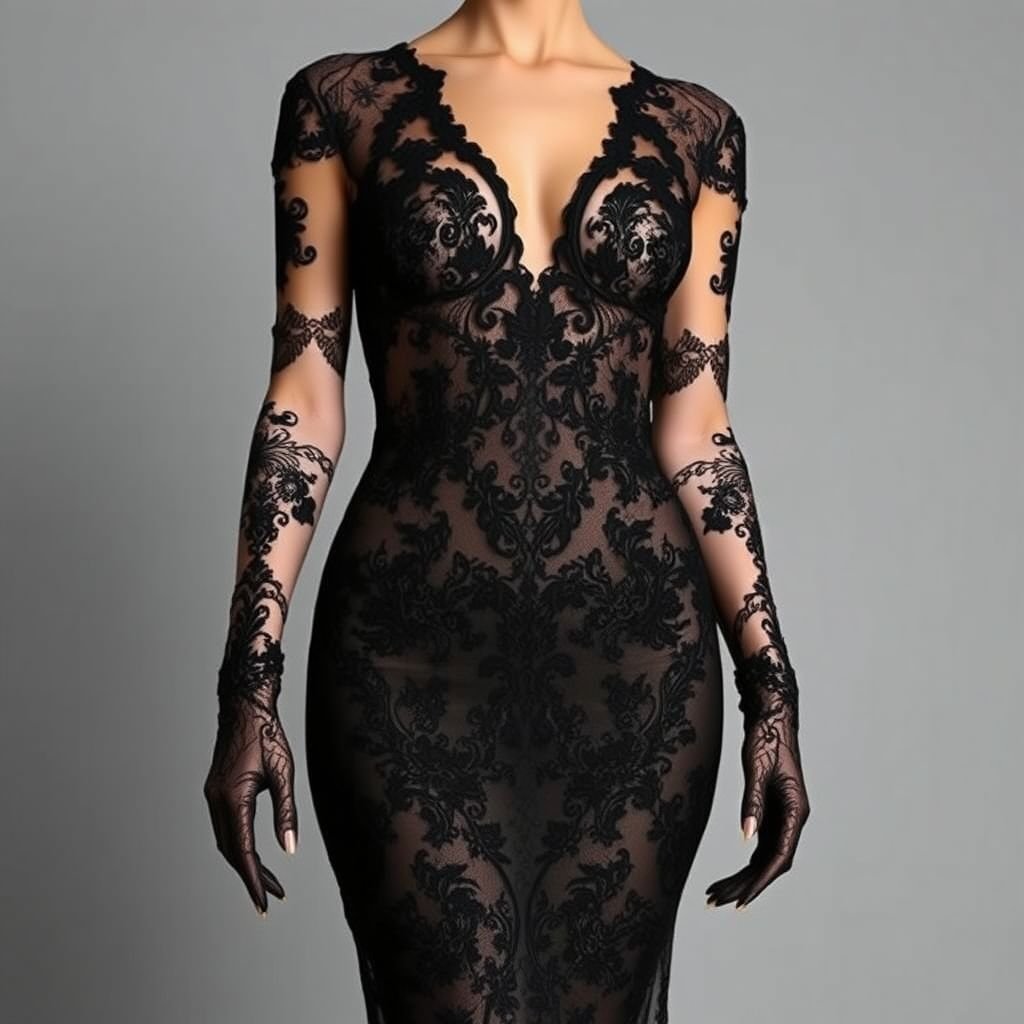 make me a sexy lace black dress for red carpet with lace gloves
Envision an alluring, form-fitting black lace gown that cascades elegantly to the floor, featuring deep V-neckline and sheer, illusion panels. Highlighting the waist, intricate floral lace details accentuate curves, while dramatic lace gloves extend to the elbow, offering a touch of vintage glam. The overall look exudes sophistication and seductive elegance.