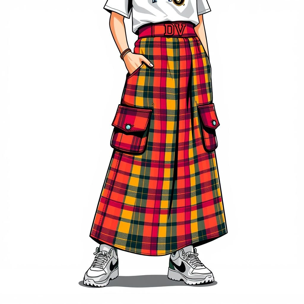 Plaid maxi skirt with pockets, that say “DV” on belt
Design a bold streetwear-inspired plaid maxi skirt featuring oversized pockets for functionality and flair. The skirt's vibrant pattern should exude urban energy, while the waistband showcases an embroidered “DV” for a touch of individuality. Pair it with a cropped graphic tee and chunky sneakers for a complete contemporary look.