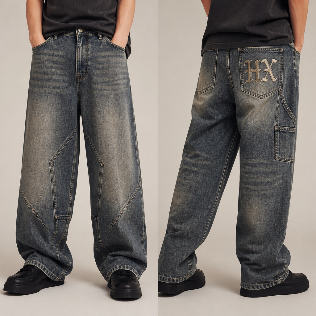 A Unisex Pants design, made of Denim, with a sturdy, casual hand, in a Muted & Dusty color palette, in Streetwear + Elegant style. je voudrais que derrière le pantalon dans un côté c'est écrit en or HX bien stylé. France fashion aesthetics. Present it as professional fashion catalogue photography: the garment is the subject, shown full-length with editorial styling, neutral posing and tasteful, non-suggestive framing.
photorealistic fashion design, A Unisex Pants design, made of Denim, with a sturdy, casual hand, in a Muted & Dusty color palette, in Streetwear + Elegant style. je voudrais que derrière le pantalon dans un côté c'est écrit en or HX bien stylé. France fashion aesthetics. Present it as professional fashion catalogue photography: the garment is the subject, shown full-length with editorial styling, neutral posing and tasteful, non-suggestive framing., streetwear style, just the design no text