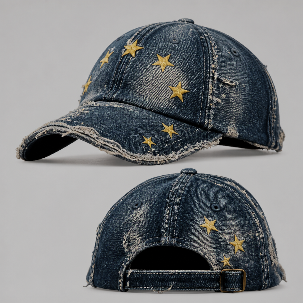A Accessories design, made of Denim, for Streetwear, suitable for Spring, in Quiet Luxury + Thrifted style. maak een grafitti stijl pet gebazeerd op de europeese uni vlag.
photorealistic fashion design, A Accessories design, made of Denim, for Streetwear, suitable for Spring, in Quiet Luxury + Thrifted style. maak een grafitti stijl pet gebazeerd op de europeese uni vlag., quiet_luxury style, just the design no text, show front and back
