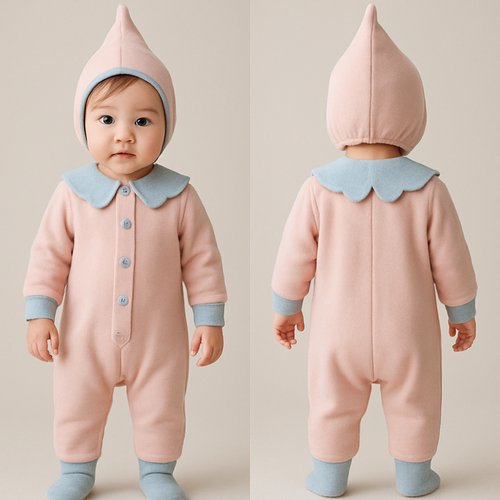 一歳の女の子着用画
淡いピンクベースに薄い水色の差し色の小人のような全身コーディネート
カバーオール
頭から足まで