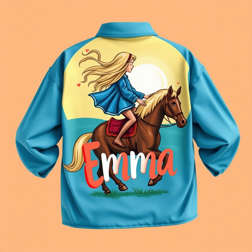 Blue shirt with the words Emma on them with blonde haired girl rearing on horse and teal green and and blue background sunset on the shirt
Design a whimsical, oversized blue shirt featuring the name "Emma" in bold, hand-painted lettering. Adorned with a radiant sunset backdrop of teal green and deep blue, the shirt showcases a girl with flowing blonde hair riding gracefully on a horse, evoking freedom and adventure in a playful, romantic style.