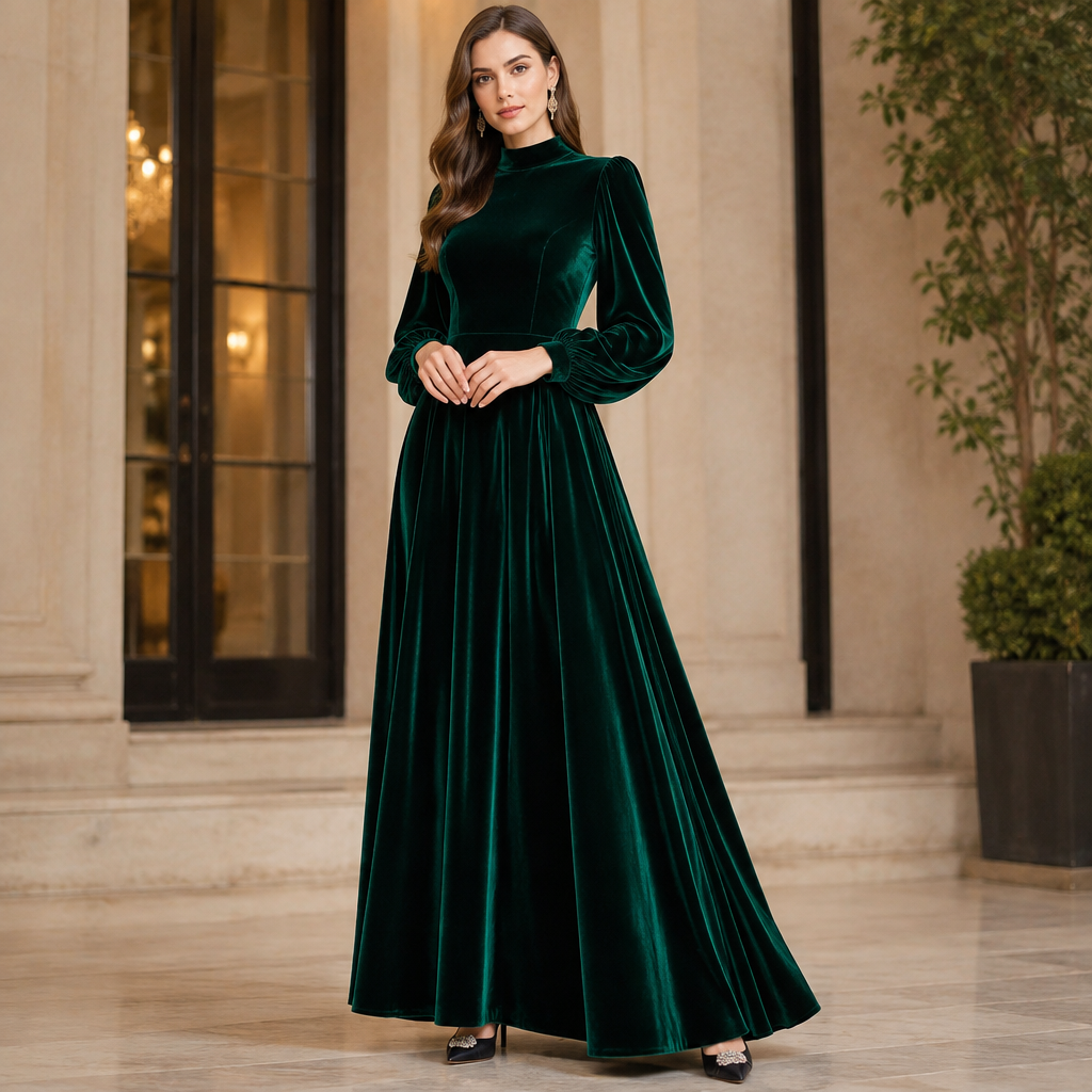 A Female Dress design, made of Velvet, with a sleek, smooth finish, with a Flared silhouette, with modest, full coverage: longer hemlines, higher necklines and covered shoulders, in a Jewel Tones color palette, for Date Night, suitable for Fall, suited to a Humid climate, in Elegant style, shown on a model with light skin and a tall figure. IQ fashion aesthetics. Present it as professional fashion catalogue photography: the garment is the subject, shown full-length with editorial styling, neutral posing and tasteful, non-suggestive framing.
photorealistic fashion design, A Female Dress design, made of Velvet, with a sleek, smooth finish, with a Flared silhouette, with modest, full coverage: longer hemlines, higher necklines and covered shoulders, in a Jewel Tones color palette, for Date Night, suitable for Fall, suited to a Humid climate, in Elegant style, shown on a model with light skin and a tall figure. IQ fashion aesthetics. Present it as professional fashion catalogue photography: the garment is the subject, shown full-length with editorial styling, neutral posing and tasteful, non-suggestive framing., elegant style, just the design no text