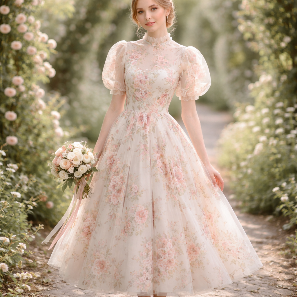 Floral wedding dress tea length with puffed sleeves higher neck
Floral wedding dress tea length with puffed sleeves higher neck
, spring style