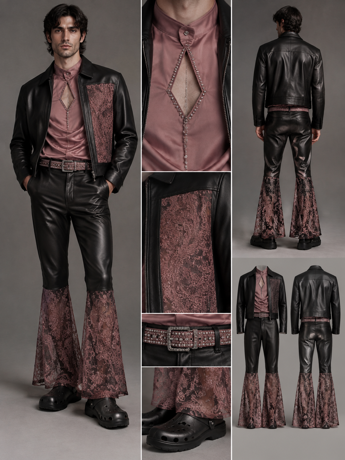 Men's Fashion Design Prompt — Black Leather & Dark Dusty Pink Termeh Style
A complete men's outfit with a luxurious, modern aesthetic, combining black leather and dark dusty pink Termeh fabric.
Jacket: Black leather jacket, slightly longer than a cropped fit, ending just above the belt. On one side, a large rectangular cutout panel, filled with pink tulle/lace fabric (dusty or dark pink, not light) — the fabric is thin, sheer, and features a Termeh pattern in a matching tone.
Shirt underneath: Silk shirt in dusty/dark pink. The bottom is gathered and tucked in, with slight ruching. Diplomatic-style collar with a single front button. On the chest, a triangular cutout with curved inward-facing sides, bordered with rhinestone/bead embroidery. Beneath it, a very delicate chain accessory running from the center of the chest down, in gold and white.
Pants: Black leather pants down to the knee, continuing into a flared lower leg made of Termeh-patterned tulle — the exact same fabric used in the jacket — extending to the ankle.
Shoes: Crocs-style slip-on shoes in black leather.
Belt: Rhinestone-embellished belt in dusty/dark pink.
Color note: All pink elements must use dusty or dark pink tones only — no light pink.
Men's Fashion Design Prompt — Black Leather & Dark Dusty Pink Termeh Style
A complete men's outfit with a luxurious, modern aesthetic, combining black leather and dark dusty pink Termeh fabric.
Jacket: Black leather jacket, slightly longer than a cropped fit, ending just above the belt. On one side, a large rectangular cutout panel, filled with pink tulle/lace fabric (dusty or dark pink, not light) — the fabric is thin, sheer, and features a Termeh pattern in a matching tone.
Shirt underneath: Silk shirt in dusty/dark pink. The bottom is gathered and tucked in, with slight ruching. Diplomatic-style collar with a single front button. On the chest, a triangular cutout with curved inward-facing sides, bordered with rhinestone/bead embroidery. Beneath it, a very delicate chain accessory running from the center of the chest down, in gold and white.
Pants: Black leather pants down to the knee, continuing into a flared lower leg made of Termeh-patterned tulle — the exact same fabric used in the jacket — extending to the ankle.
Shoes: Crocs-style slip-on shoes in black leather.
Belt: Rhinestone-embellished belt in dusty/dark pink.
Color note: All pink elements must use dusty or dark pink tones only — no light pink.