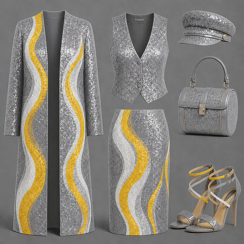 Make same outfit in grey , yellow , white
edit the attached fashion design with these instructions: Make same outfit in grey , yellow , white. keep it photorealistic, just the design no text