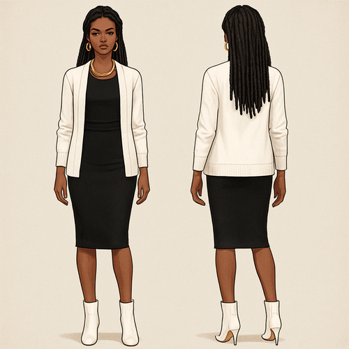 Black shirt 
Tight Pencil skirt
White cardigan 
White boot heels
Faux locs 
Gold chain gold earrings 

