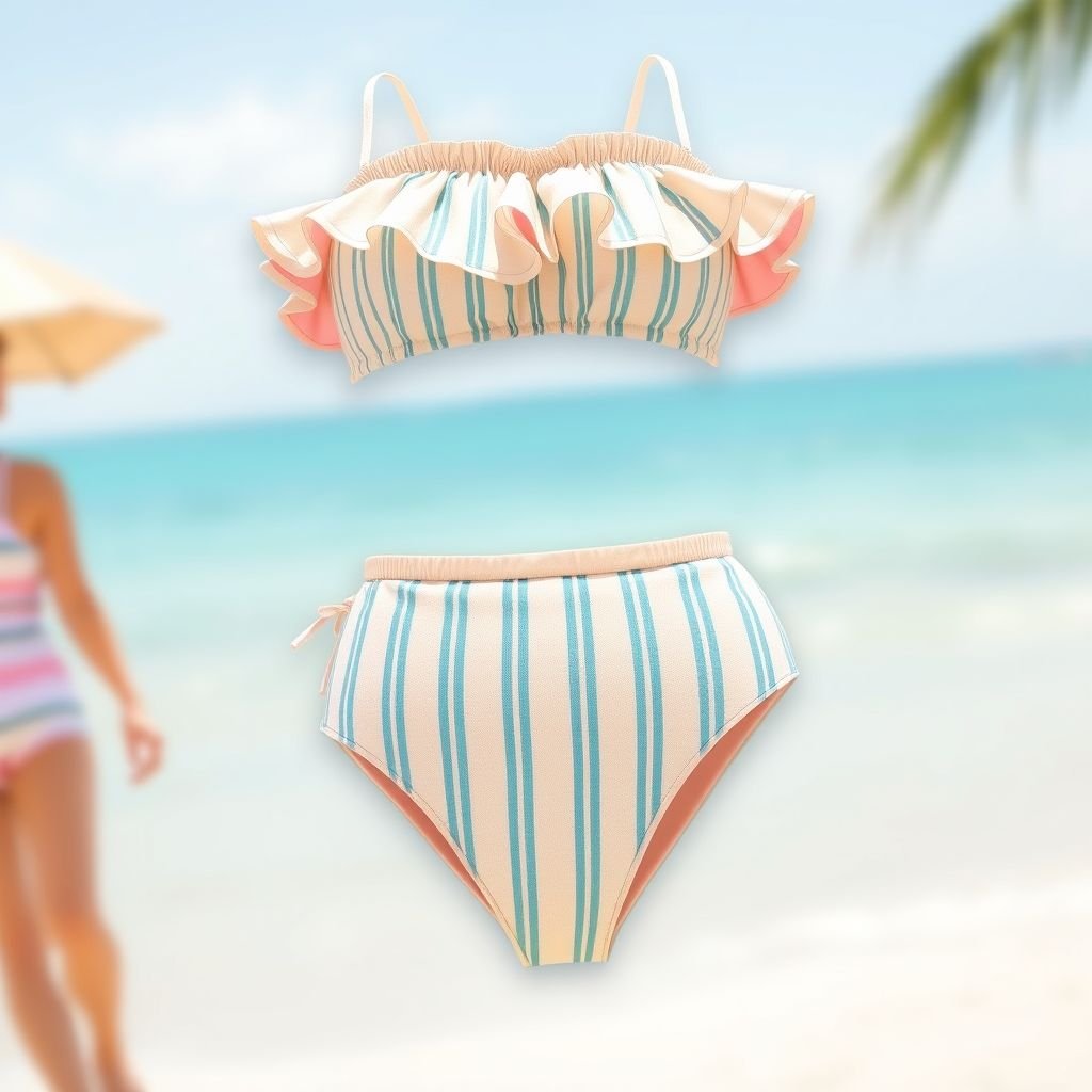 Two pieces swimwear with thin stripes -inspired by leoni the influencer
Design a vintage-inspired two-piece swimwear set featuring delicate, thin stripes reminiscent of 1960s seaside glamour. Incorporate high-waisted bottoms with a retro silhouette and a bandeau top, adorned with playful ruffles. Use a soft pastel color palette, capturing the essence of nostalgic beach days, while ensuring a flattering, feminine fit.