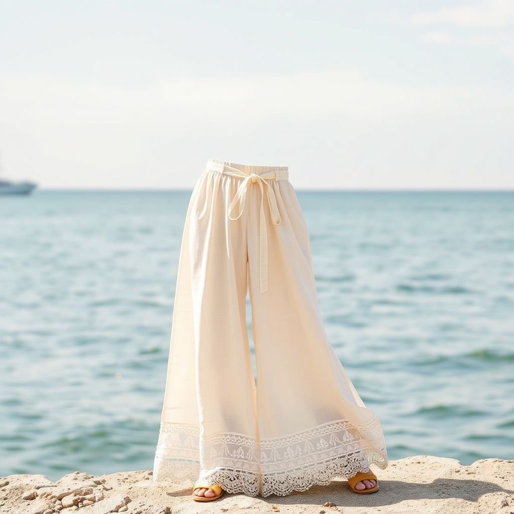 Padelefon summer Pants removal self tie lace belt cotton light
Imagine a pair of vintage-inspired summer pants crafted from soft, breathable cotton. They feature a high waist and wide-leg silhouette, giving a nod to 1970s bohemian style. Adorned with delicate self-tie lace belts and intricate lace trims, these whimsical pants are perfect for seaside strolls and sunlit picnics, exuding nostalgic charm.