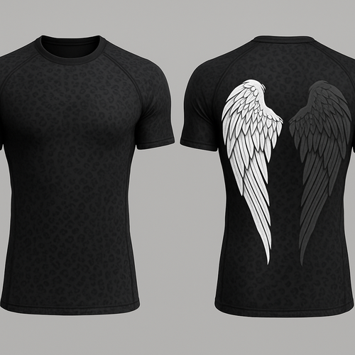 Black base short sleeve compression jujitsu rash guard shirt. 2 angle wings on the back, one white and the other dark gray. Make the wings kinda form a shape of a heart without making it too obnoxious so the wings look natural still 

Little less of a heart shape and make the wings come down almost to the bottom of the shirt 

 Can you make the shirt a black and gray cheetah print 

Make the cheetah prints smaller, more subtle 