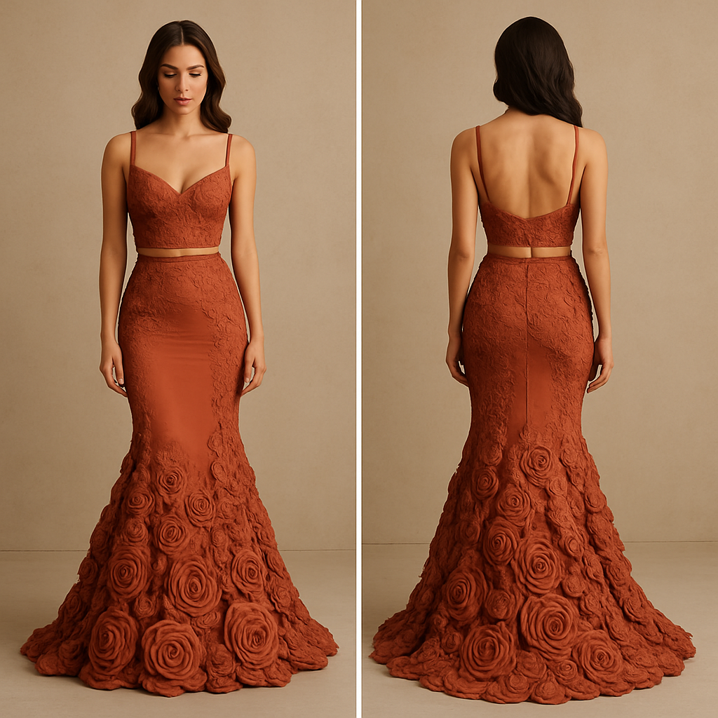 2 piece dress bottom low cut mermaid with material roses on and top is almost bra like but with design make it Tuscany but also evening 



2 piece dress bottom low cut mermaid with material roses on and top is almost bra like but with design make it Tuscany but also evening 

, show front and back