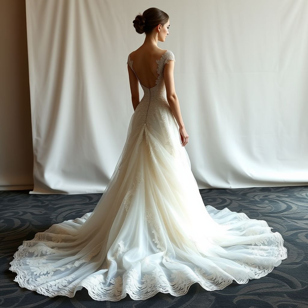 I want a wedding dress that says i could also go to the met gala
Design an opulent wedding dress featuring a cascading silhouette, meticulously crafted from layers of silk organza and lace. Incorporate intricate beadwork and a statement train, merging classic elegance with avant-garde flair. The gown's deep V neckline and structured bodice evoke red carpet glamour, ensuring the bride shines like a Met Gala muse.