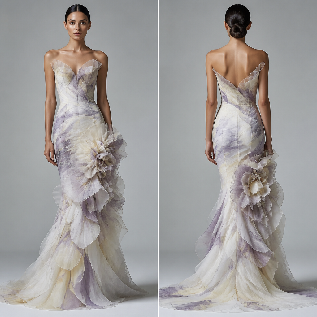 Abito con gonna fiore lunga e attillato sulle sfumature del bianco, grigio chiaro, lilla, nude e giallino.
photorealistic fashion design, Abito con gonna fiore lunga e attillato sulle sfumature del bianco, grigio chiaro, lilla, nude e giallino. , elegant style, just the design no text, show front and back