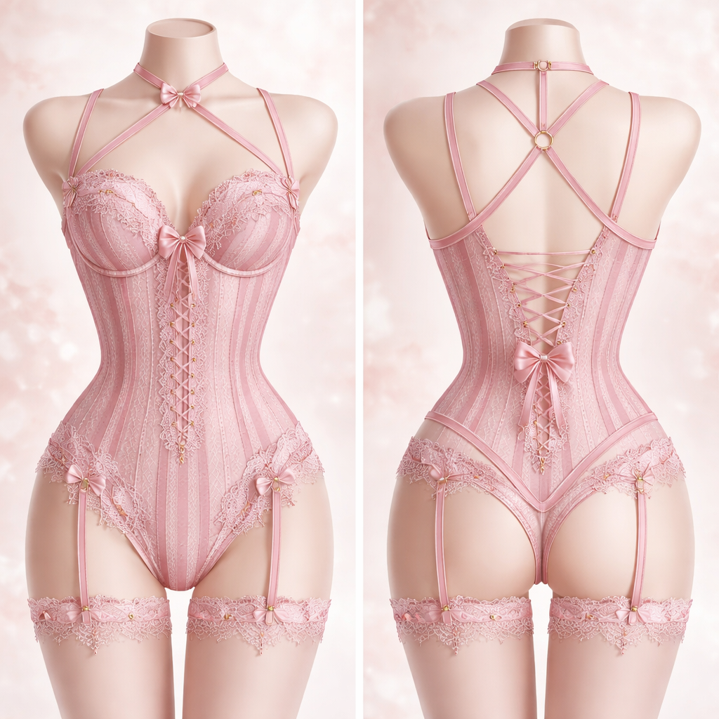 Detailed pink lingerie body
Detailed pink lingerie body
, striped style, show front and back