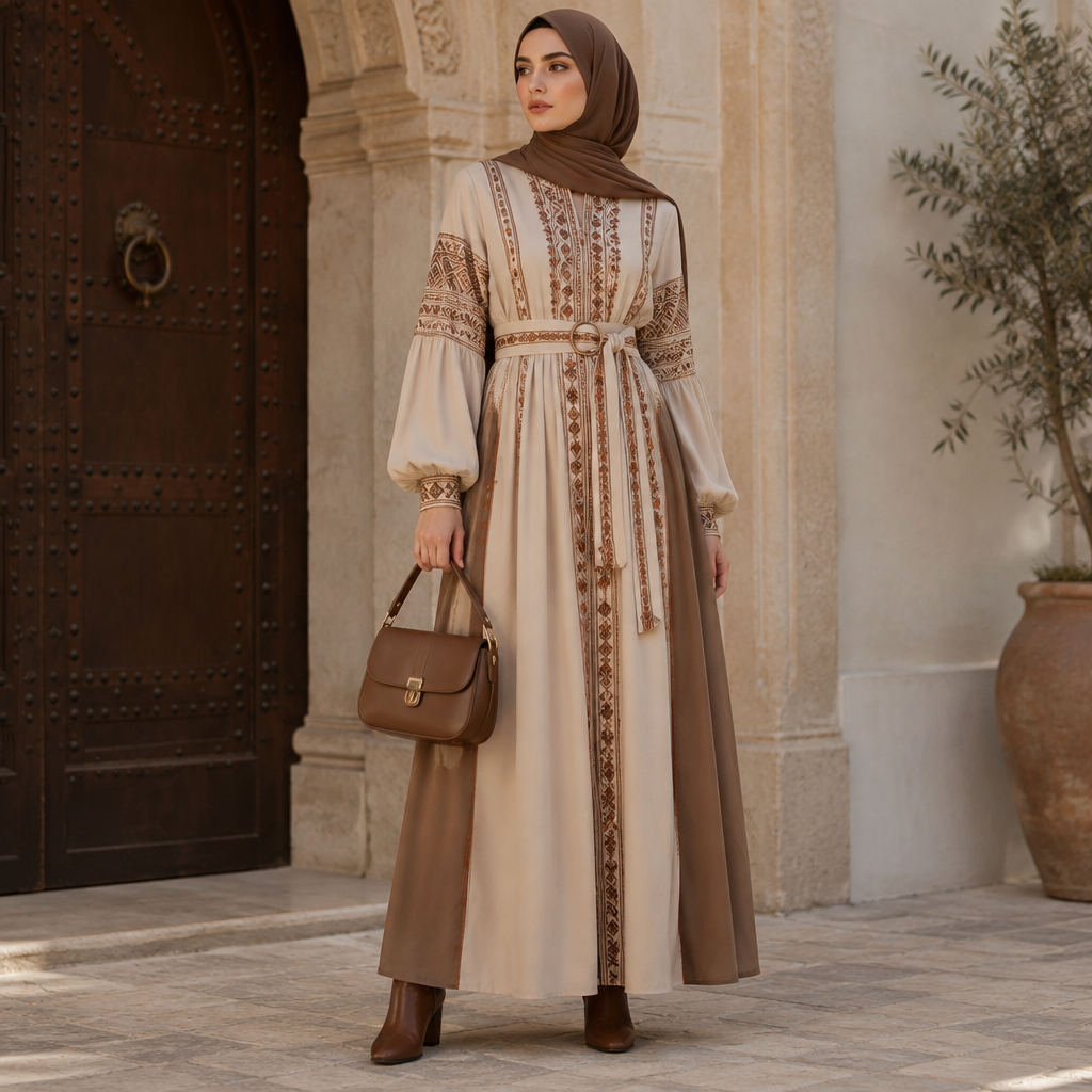 A Female Dress design, suitable for Fall. Tunisia fashion aesthetics. Current season is Autumn in Tunisia. Design with modest coverage. Present it as professional fashion catalogue photography: the garment is the subject, shown full-length with editorial styling, neutral posing and tasteful, non-suggestive framing.
photorealistic fashion design, A Female Dress design, suitable for Fall. Tunisia fashion aesthetics. Current season is Autumn in Tunisia. Design with modest coverage. Present it as professional fashion catalogue photography: the garment is the subject, shown full-length with editorial styling, neutral posing and tasteful, non-suggestive framing., just the design no text