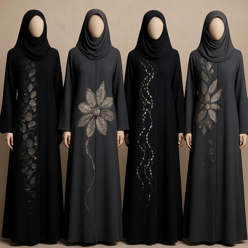 Create a modest abaya that's the first of its kind, featuring a unique stone design that exudes a classy and sophisticated vibe. I'd like four designs, each showcasing different styles and fabrics.Incorporate high-end, unique chic stone designs to make them truly special. And add little cute touch of sophisticated stone designs. Add huge flower and unique designs.