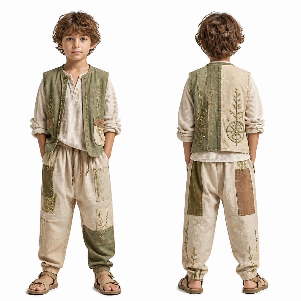 Solarpunk, kids male spring
photorealistic fashion design, Solarpunk, kids male spring, bohemian style, just the design no text, show front and back