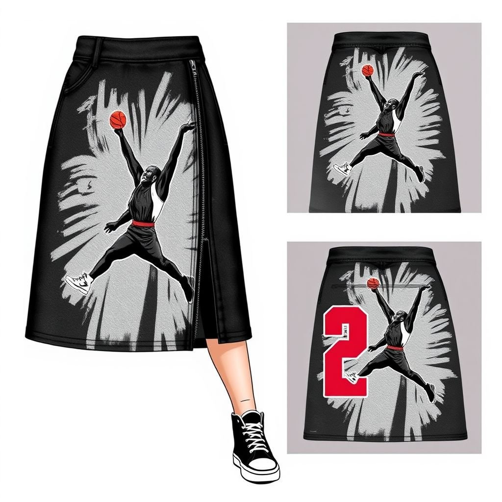 Can you create me a image for my brand. I want one of the iconic pictures of “Michael Jordan’s dunking” to be on a midi black skirt. I want the skirt to be a black denim midi/long skirt with a zipper on the side, “zipper should be zipped” but noticeable. I was the picture to wrap about the whole skirt, showing some of the picture on the front, sides, and back. The picture should be an illustration of Michael Jordan dunking.
Design an eye-catching streetwear-inspired midi skirt featuring an all-over illustration of Michael Jordan’s iconic dunk. The skirt, crafted from edgy black denim, boasts a prominent side zipper that’s subtly styled but fully zipped for a stylish touch. Pair this statement piece with bold graphic tees and high-top sneakers for an urban vibe.