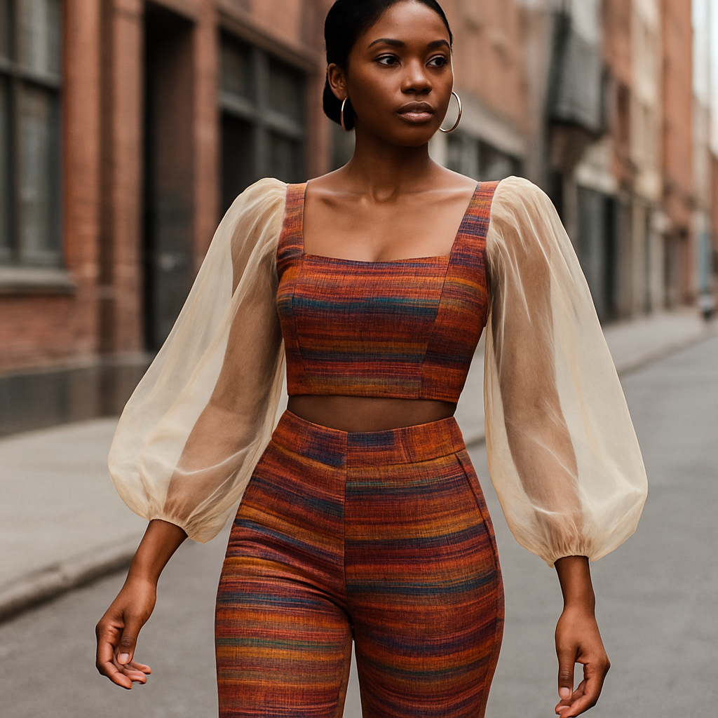 Create an aso oke with some hues, a top and pant with a beautiful chiffon sleeves that look fabulous and graceful, one of a kind and trendy on a real human brown skin tone walking down the street.
Create an aso oke with some hues, a top and pant with a beautiful chiffon sleeves that look fabulous and graceful, one of a kind and trendy on a real human brown skin tone walking down the street., streetwear style