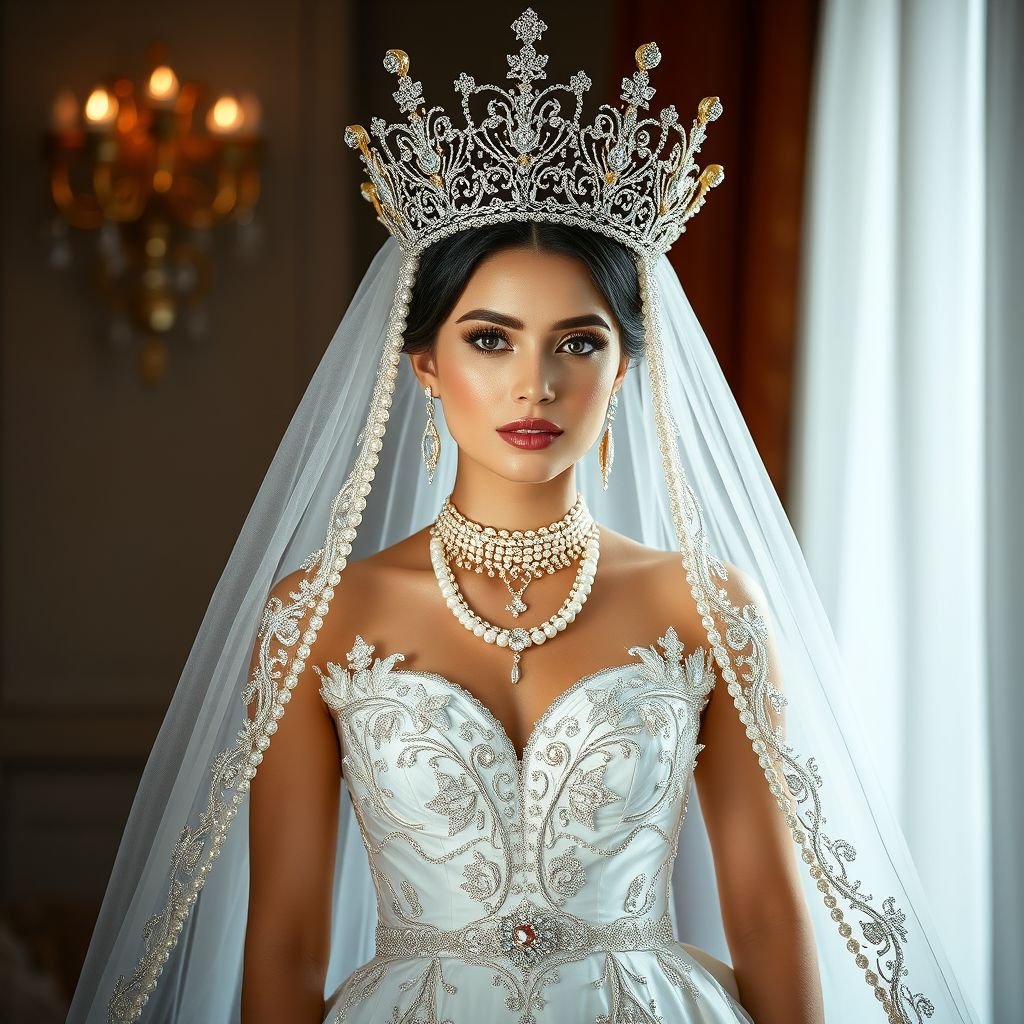 Think orthodox wedding here. Imagine all to see in ones appearance.. first the crown. Wow breathtaking! The embarking, the chains dangling around each spike of diamond. Then the veil.. mesh and see through, to see the beautiful brunette hair with balayage and baby lights. Design through the ends of the veil. Dress.. hmm.. I’m thinking flowy at the bottom and shaping at the waist. Pearl designs in the diameter of the bottom flowy part. On each side of the hip of the dress, curtain soft flower designs as on the inside is a pocket:). Necklace and makeup like Mary mandolin.. ORTHODOX beauty. Shoes spiral up the legs of the woman like a ballerina.. you can do the rest:)
Envision a stunning orthodox wedding ensemble that radiates elegance. The crown features towering spikes adorned with cascading diamond chains, sparkling in the light. A sheer veil reveals a cascade of balayage and baby lights framing a radiant face. The gown, elegantly fitted at the waist, flows into a pearl-embellished skirt, where soft, curtain-like floral designs conceal functional pockets. Each step is graced by spiral-strap ballet-inspired heels that wind gracefully up the legs. A statement necklace reminiscent of a mandolin, paired with soft, ethereal makeup, captures the essence of timeless orthodox beauty. This is a celebration of love and artistry in fashion.