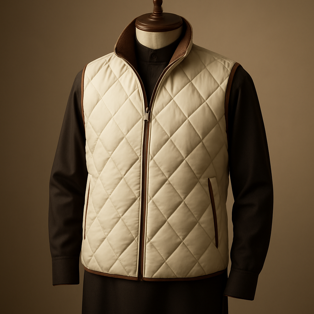"Photorealistic product shot of an original men's quilted shell down gilet (not a copy of any existing brand). Gilet in ivory (hex #F5F1E6) with warm brown accents (hex #6B4C3B), oversized diagonal diamond quilting, detachable standing collar lined with Pakistani pashmina, matte nylon shell, matte metal two-way zipper, and contrast brown piping. Display the gilet worn over a traditional Saudi winter thobe in very dark brown (almost black) on an elegant polished wooden mannequin. Studio lighting: soft directional key light from the left, subtle rim light, warm neutral background, shallow depth of field, realistic fabric texture and stitching close-ups, full-body product shot plus close-up detail shots, high resolution, natural color grading, luxury catalogue style."
"Photorealistic product shot of an original men's quilted shell down gilet (not a copy of any existing brand). Gilet in ivory (hex #F5F1E6) with warm brown accents (hex #6B4C3B), oversized diagonal diamond quilting, detachable standing collar lined with Pakistani pashmina, matte nylon shell, matte metal two-way zipper, and contrast brown piping. Display the gilet worn over a traditional Saudi winter thobe in very dark brown (almost black) on an elegant polished wooden mannequin. Studio lighting: soft directional key light from the left, subtle rim light, warm neutral background, shallow depth of field, realistic fabric texture and stitching close-ups, full-body product shot plus close-up detail shots, high resolution, natural color grading, luxury catalogue style.", show front and back