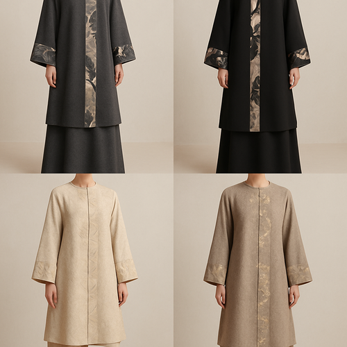 Create a modest two piece abaya, first of its kind, featuring a unique stone design that exudes a classy and sophisticated vibe. I'd like four designs, each showcasing different styles and fabrics. Incorporate high-end, unique chic stone designs to make them truly special. Add little sophisticated stone designs. Make it irresistible!