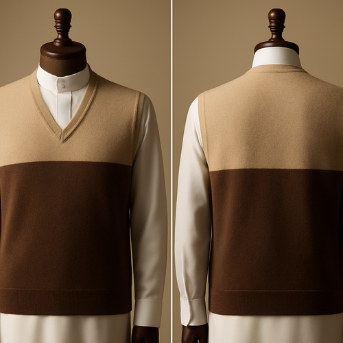 
‏Prompt 2 — Minimal Classic (Sand / Chocolate)
‏Photorealistic two-tone cashmere vest, minimalist V-neck, clean horizontal split at chest; top Sand and bottom Chocolate; luxurious soft cashmere surface, discreet finishing and no external embellishments; worn over a crisp white Saudi thobe underneath; presented on a refined dark wooden mannequin; warm directional lighting; fashion catalog style, high-resolution texture.
