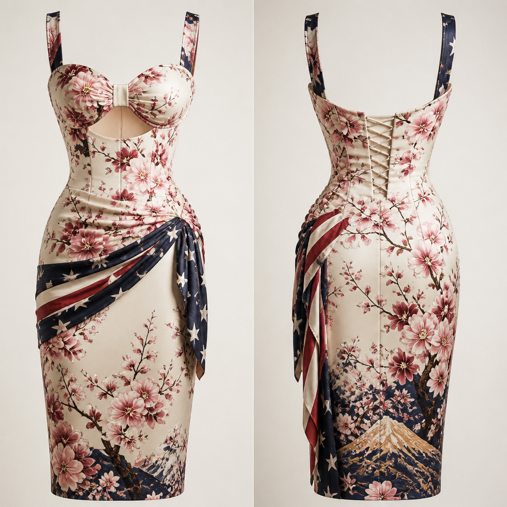A Female Dress design, for Streetwear, suitable for Summer, in Glamorous + Quiet Luxury + Americana style. проріз в бюсті,з корсетом,плаття до колін,з візерунками сакури
photorealistic fashion design, A Female Dress design, for Streetwear, suitable for Summer, in Glamorous + Quiet Luxury + Americana style. проріз в бюсті,з корсетом,плаття до колін,з візерунками сакури, glamorous style, just the design no text, show front and back