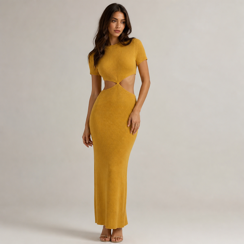 A Female Dress design, made of Cotton, for Date Night, suitable for Fall, in Elegant + Knitwear style. mustard yellow, cutout on the upper stomach, short sleeve
photorealistic fashion design, A Female Dress design, made of Cotton, for Date Night, suitable for Fall, in Elegant + Knitwear style. mustard yellow, cutout on the upper stomach, short sleeve, elegant style, just the design no text