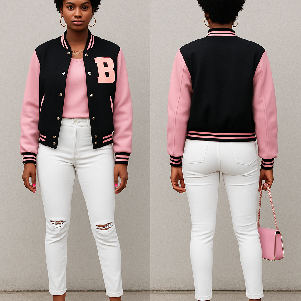 Black woman
Short curls
Pink blouse
White fitted ripped jeans pink heels
letterman jacket
Gold jewelry
Pink purse
Pink heels
Black woman
Short curls
Pink blouse
White fitted ripped jeans pink heels
letterman jacket
Gold jewelry
Pink purse
Pink heels
, streetwear style, show front and back