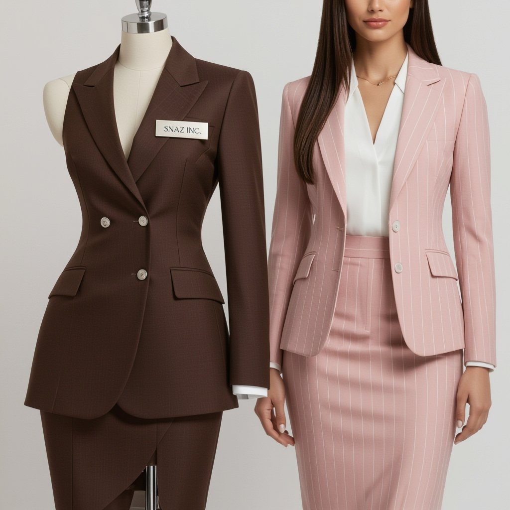 ENTERTAINMENT LAWYER TWO PIECE BROWN WOMAN WITH STRAIGHT BLACK LONG HAIR. WEARI ND THE MOST ELEGANT AND EXQUISITE TWO PIECE BABY POWDER PINK PIN STIPPED KNEE HIGH PENSIL SKIRT WIRH MATCHING BLAZER AND WHITE BLOUSE. IT WILL SAY “SNAZ INC.” IN BIG WRITING IN A NAME TAG VISIBLE TO CLIENTELLE VIEWING PHOTO
ENTERTAINMENT LAWYER. Two-piece brown suit, sleek cut, for a woman with straight, long black hair. Wearing an elegant and exquisite two-piece baby powder pink pinstriped knee-high pencil skirt with matching blazer and white blouse. "SNAZ INC." name tag prominently displayed.