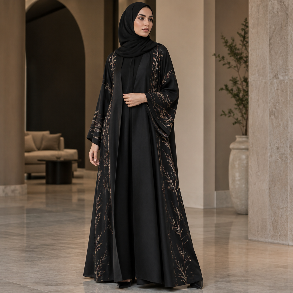 A Abaya design, in Luxury style Present it as professional fashion catalogue photography: the garment is the subject, shown full-length with editorial styling, neutral posing and tasteful, non-suggestive framing.
photorealistic fashion design, A Abaya design, in Luxury style Present it as professional fashion catalogue photography: the garment is the subject, shown full-length with editorial styling, neutral posing and tasteful, non-suggestive framing., luxury style, just the design no text