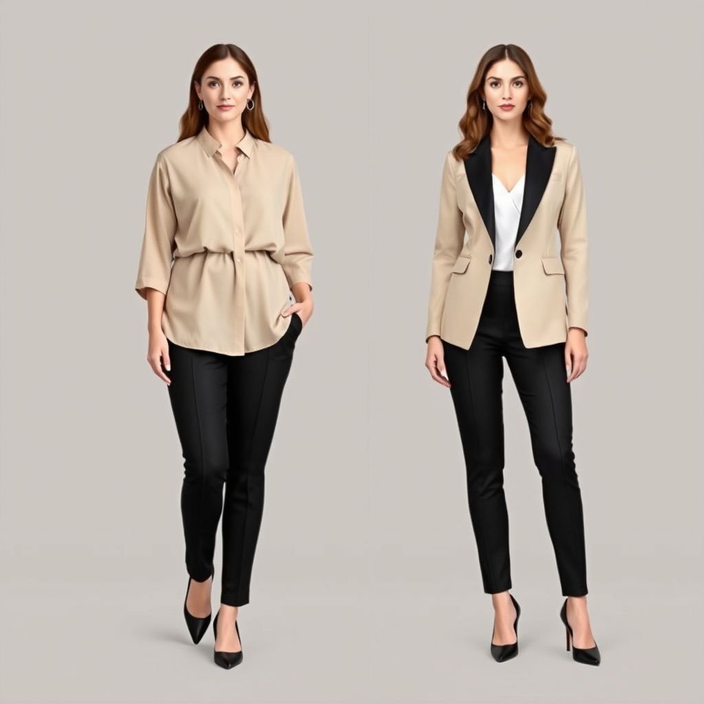 PlusSize oberteil in Grösse 48 kaschiert den Bauch in beige und schwarze Hose
Design a chic business ensemble featuring a size 48 plus-size blouse that elegantly camouflages the waistline, crafted from lightweight, textured beige fabric. Pair it with sleek, tailored black trousers that elongate the legs. Accentuate the look with a structured blazer and pointed-toe heels for a polished, professional appeal.
