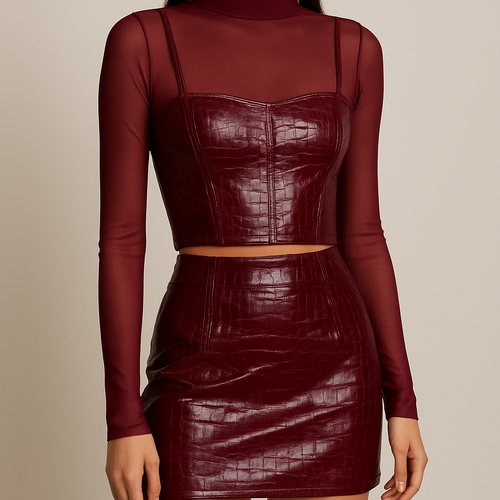 Leather crocodile print crop corset in the colour wine with matching skirt
Make skirt mini in length and make material shiny
Can you put a wine mesh long sleeve top underneath
Make the mesh top tuck into the skirt
Add thin straps to corset