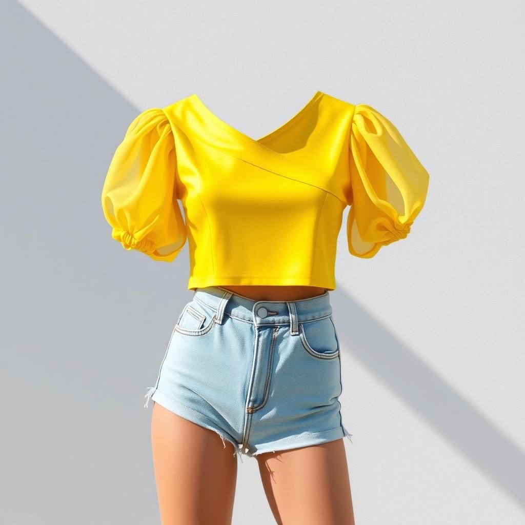 Simple top with grill yellow color
Design a minimalist crop top in a vibrant grill yellow, featuring a unique asymmetrical neckline and delicate, sheer puff sleeves for a playful touch. The fabric should have a subtle sheen, evoking summer sunlight. Pair this with high-waisted denim cutoffs and chunky white sneakers for an effortlessly chic look.