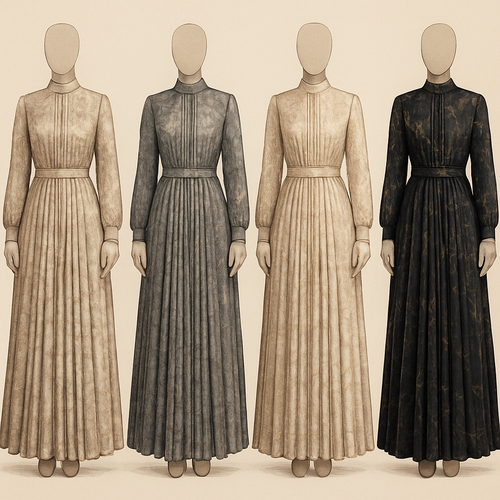 Create a modest two-piece long dress and shirt using symmetric pleat and silk, the first of its kind, featuring a unique stone design that exudes a classy and sophisticated vibe. I'd like four designs, each showcasing different styles and fabrics. Incorporate high-end, unique chic stone designs to make them truly special. Add little sophisticated stone designs.