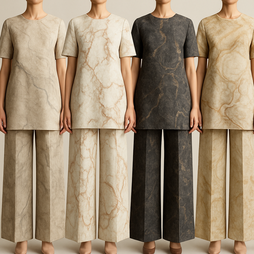 Create a modest luxury two piece linen set big pants and thigh length top, the first of its kind, featuring a unique stone design that exudes a classy and sophisticated vibe. I'd like four designs, each showcasing different styles and fabrics. Incorporate high-end, unique chic stone designs to make them truly special.