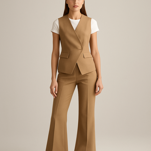 Cross tan khaki vest and flared tan khaki bottoms with a khaki cap with a mix of more sporty and a little business look on woman