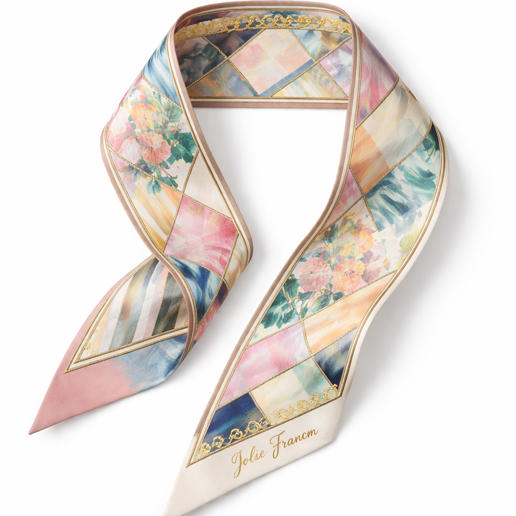 Design a silk scarf 5x86cm that has geometric and impressionist feel for my brand Jolie Franc
Design a silk scarf 5x86cm that has geometric and impressionist feel for my brand Jolie Franc, classic style