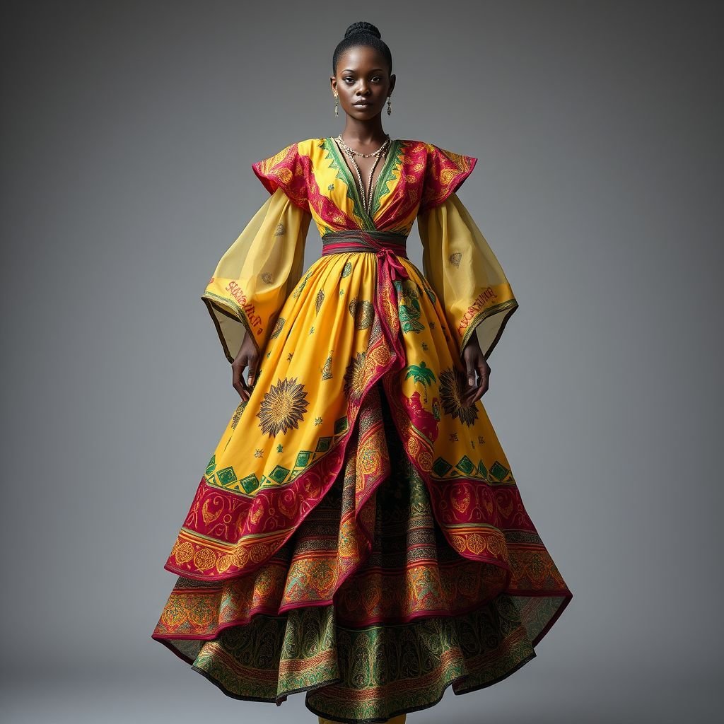 dress with innovative materials that unites various cultures
Design a captivating dress that seamlessly blends traditional textile patterns from Africa, Asia, and Europe, utilizing innovative sustainable materials like bamboo silk and recycled plastics. The silhouette features layered drapes that symbolize unity, while intricate embellishments highlight cultural motifs. Transformative elements include detachable sleeves and color-shifting fabrics for a dynamic appearance.