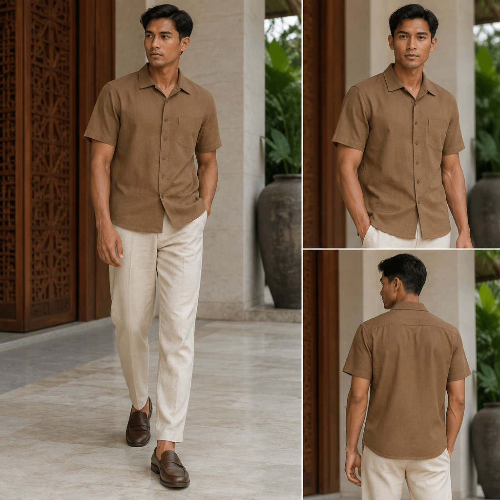 A Male Top design, made of Cotton, with a crisp, structured drape, with a Fitted silhouette, in an Earth Tones color palette, for Work, suited to a Tropical climate, in Casual style, shown on a model with brown skin and an athletic build. Indonesia fashion aesthetics. Present it as professional fashion catalogue photography: the garment is the subject, shown full-length with editorial styling, neutral posing and tasteful, non-suggestive framing.
photorealistic fashion design, A Male Top design, made of Cotton, with a crisp, structured drape, with a Fitted silhouette, in an Earth Tones color palette, for Work, suited to a Tropical climate, in Casual style, shown on a model with brown skin and an athletic build. Indonesia fashion aesthetics. Present it as professional fashion catalogue photography: the garment is the subject, shown full-length with editorial styling, neutral posing and tasteful, non-suggestive framing., casual style, just the design no text