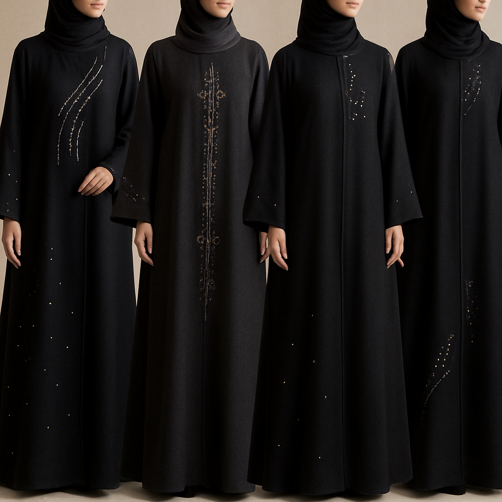 Create me modest abaya that's first in the world, using unique stone design, classy and sophisticated. Keep me 4 designs. Make them rich by adding minimal stone embroidery and stones designs. Showcasing different styles and fabric.
Create me modest abaya that's first in the world, using unique stone design, classy and sophisticated. Keep me 4 designs. Make them rich by adding minimal stone embroidery and stones designs. Showcasing different styles and fabric.