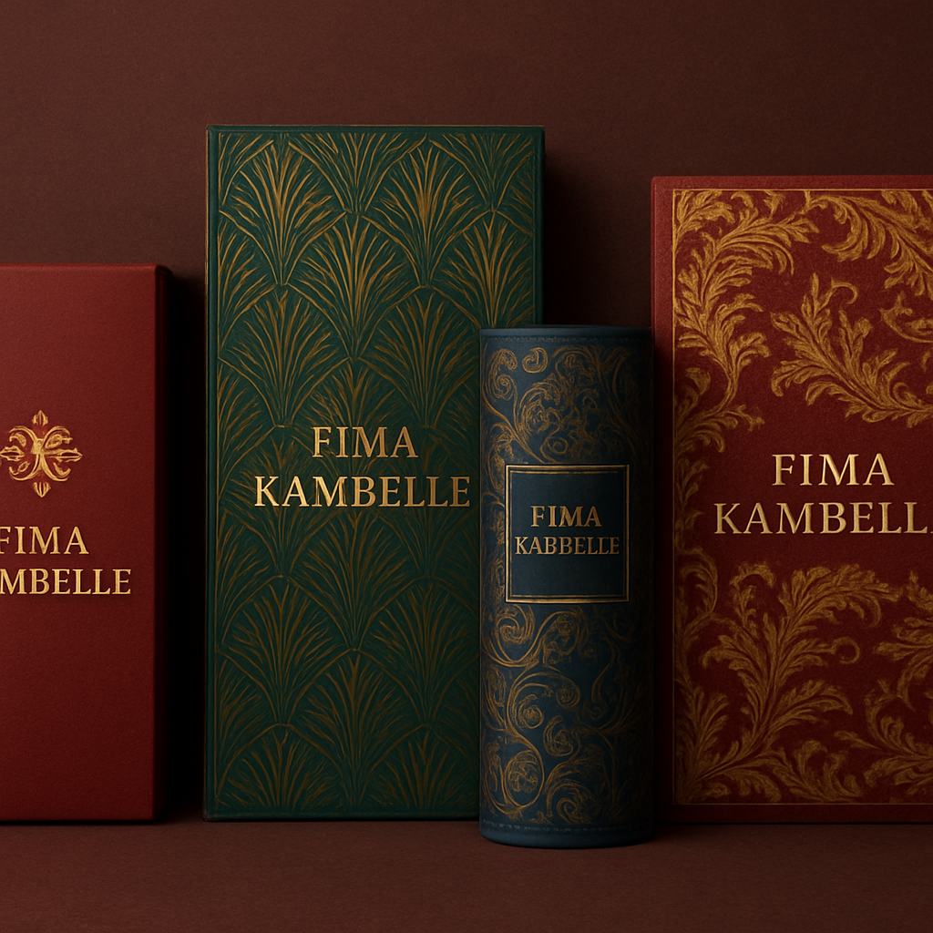Create me 4 different unique, sophisticated packages materials for my clothing brand FIMA KAMBELLE by making it first of its kind and chic. Rich colors and designs 

Create me 4 different unique, sophisticated packages materials for my clothing brand FIMA KAMBELLE by making it first of its kind and chic. Rich colors and designs 