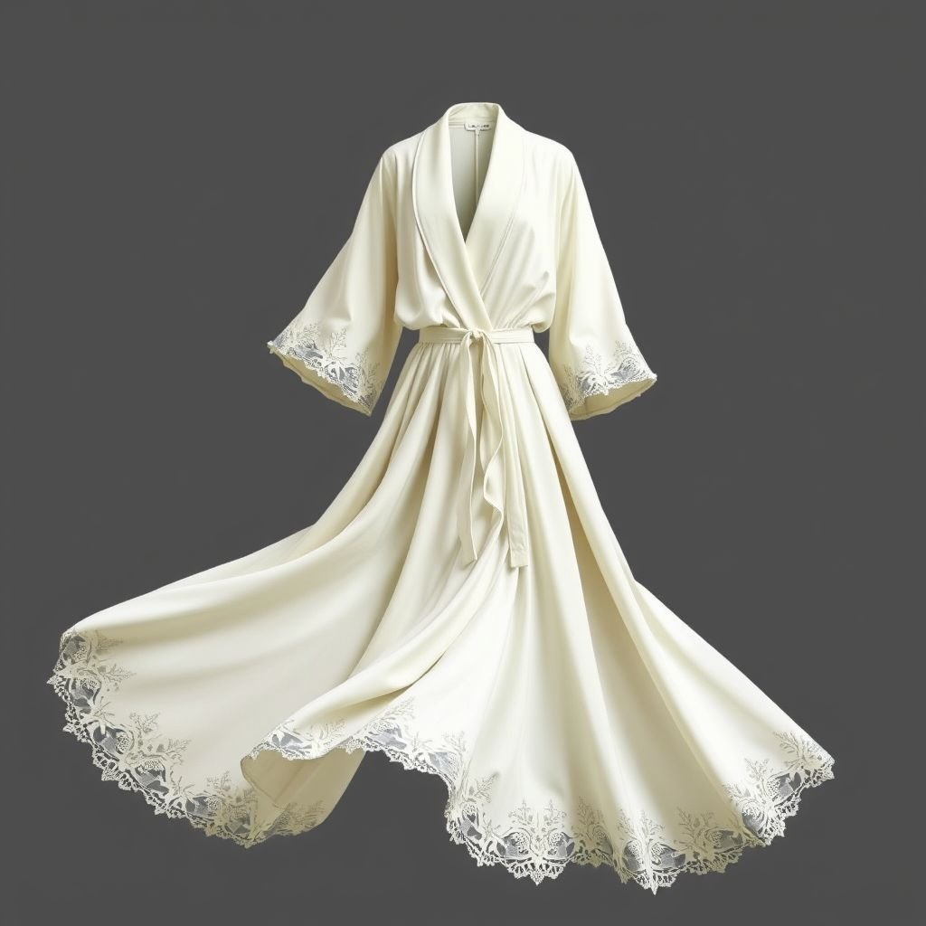 Je veux une robe longue avec un col kimono (qui ressemble pas dans le sens brute mais l’idée du croisement) avec des manches façon kimono, cintré à la taille mais avec cordon à l’intérieur de la robe avec des détails en dentelle au bas de robe et a l’extrémité des fins de manche
Imagine a flowing, long gown with a sophisticated kimono-inspired collar, gracefully merging elegance with a modern twist. The sleeves mimic traditional kimono flair, while the cinched waist is enhanced by an internal drawstring for a tailored fit. Delicate lace adorns the hem and sleeve edges, adding a touch of romantic charm.